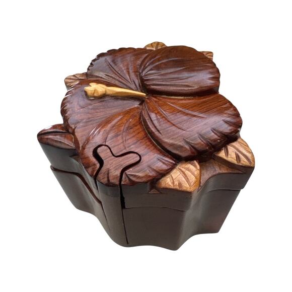 Hand Carved Hibiscus Flower Wooden Secret Puzzle Box - Picture 5 of 10